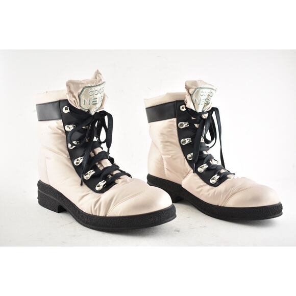 Chanel 18B Pink Black Nylon CC Logo Coco Neige Snow Winter Lace Up Tie Boots 37 - Picture 2 of 11